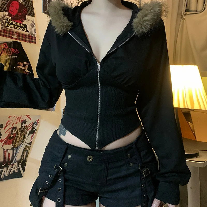 Goth Dark Autumn Winter Faux Fur Collar Solid Hooded Coats Women Casual Slim Waist Zip Hoodies Gothic Jackets Chic Streetwear 251030
