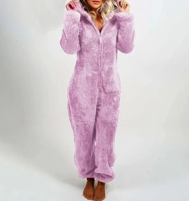 CPSYMYM Jumpsuit Women Autumn Plush Solid Color Casual Long Sleeved Daily Home Zippered Hooded Pajamas 251028