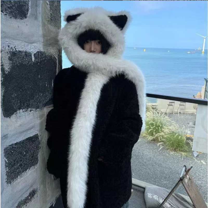 2024 New Womens Plush Fox Ear Bucket Hat ScarfIntegrated Warm Winter Cap with FaceFlattering DesignXJ251030