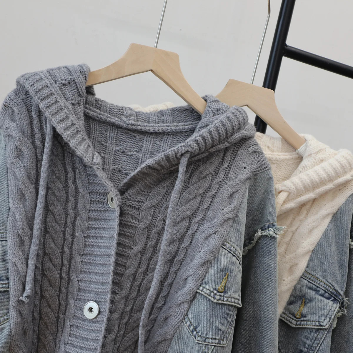 Women Jeans Spliced Sweaters Cardigan Cable Knitted Jumpers Hooded Long Sleeves Single Breasted Loose Y2k Autumn Winter 2025 251029