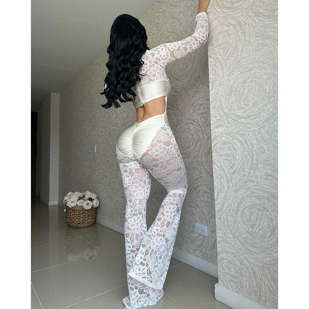Lace Sexy Long Sleeve Backless Bodysuit High Waist Pants Round Neck Female Sensation Spicy Girl Fashion Casual Jumpsuits 251027