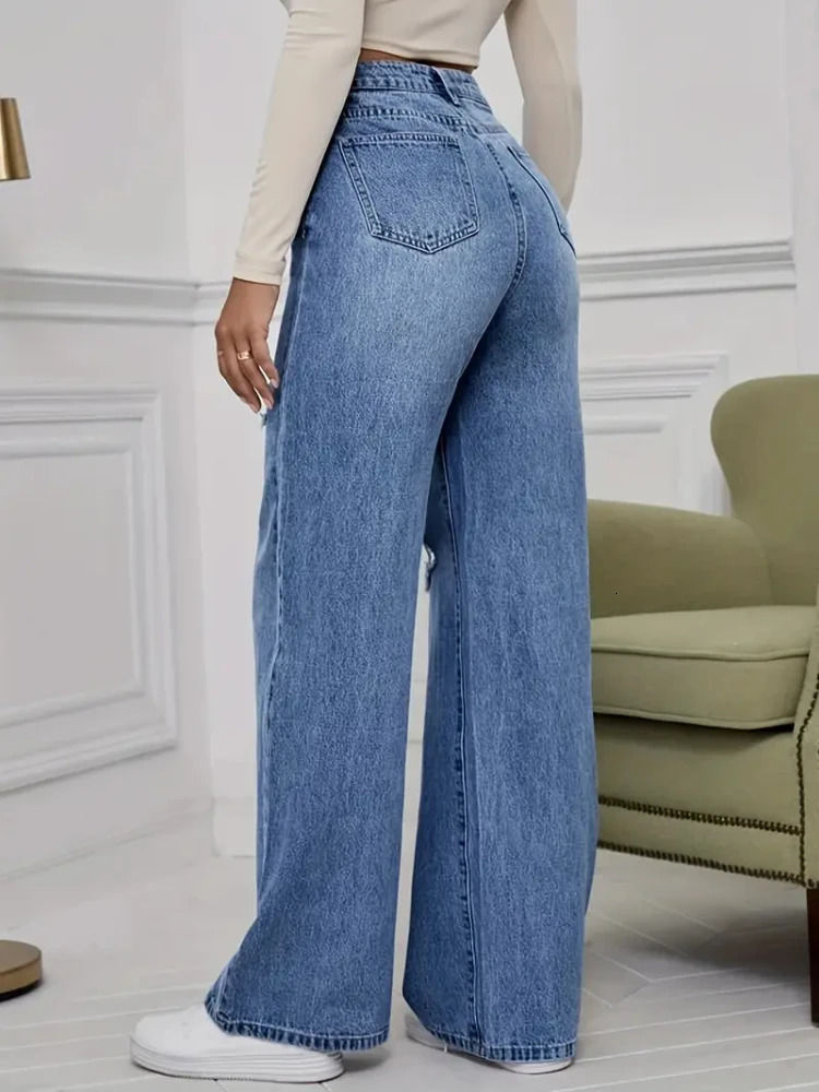 Wide Leg Vintage Distressed Ripped Trousers Denim Pants Womens Jeans Streetwear Washed Pockets Floor Length Hole Jeans 251029
