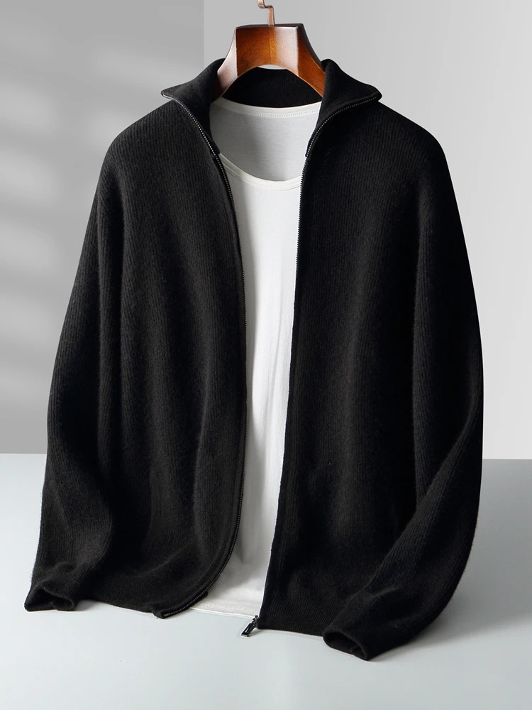 Autumn Winter 100 Merino Wool Cardigan Sweater Mens Turndown Collar Zipper Pocket Soild Smart Casual Knitwear Jackets Soft 251017