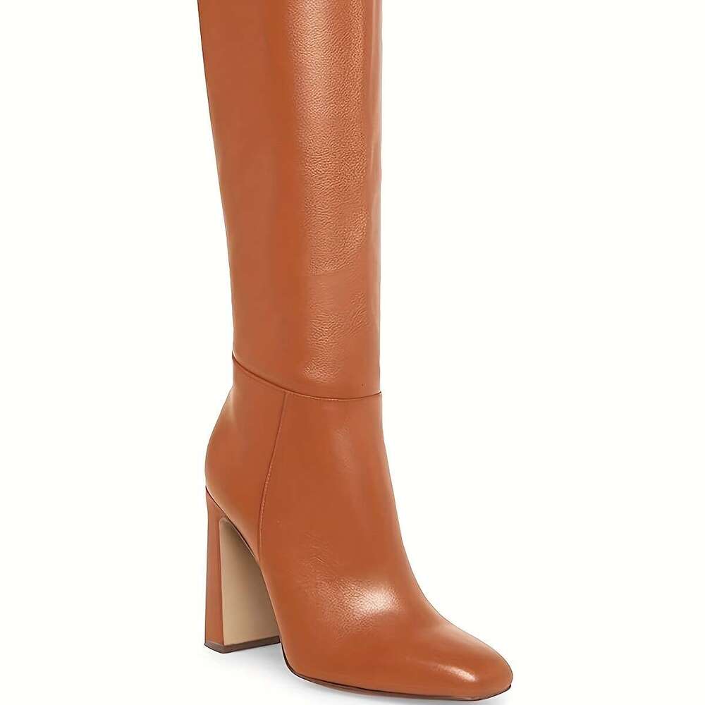 Women's Chunky Heeled Knee High Boots Classic PU Cover Square Toe Zippered Tall Boot