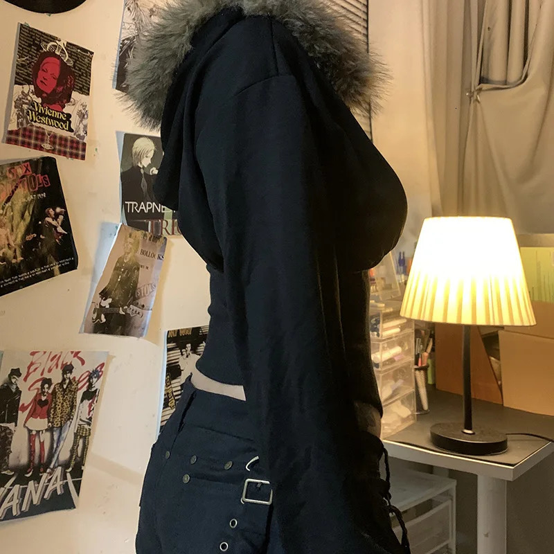 Goth Dark Autumn Winter Faux Fur Collar Solid Hooded Coats Women Casual Slim Waist Zip Hoodies Gothic Jackets Chic Streetwear 251030