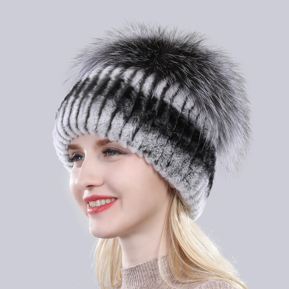 Good Elastic Natural Fluffy Silver Fox Fur Hat Winter Women Knitted Real Rex Rabbit Fur Hats Lady Real Fur Cap Wholesale 251028