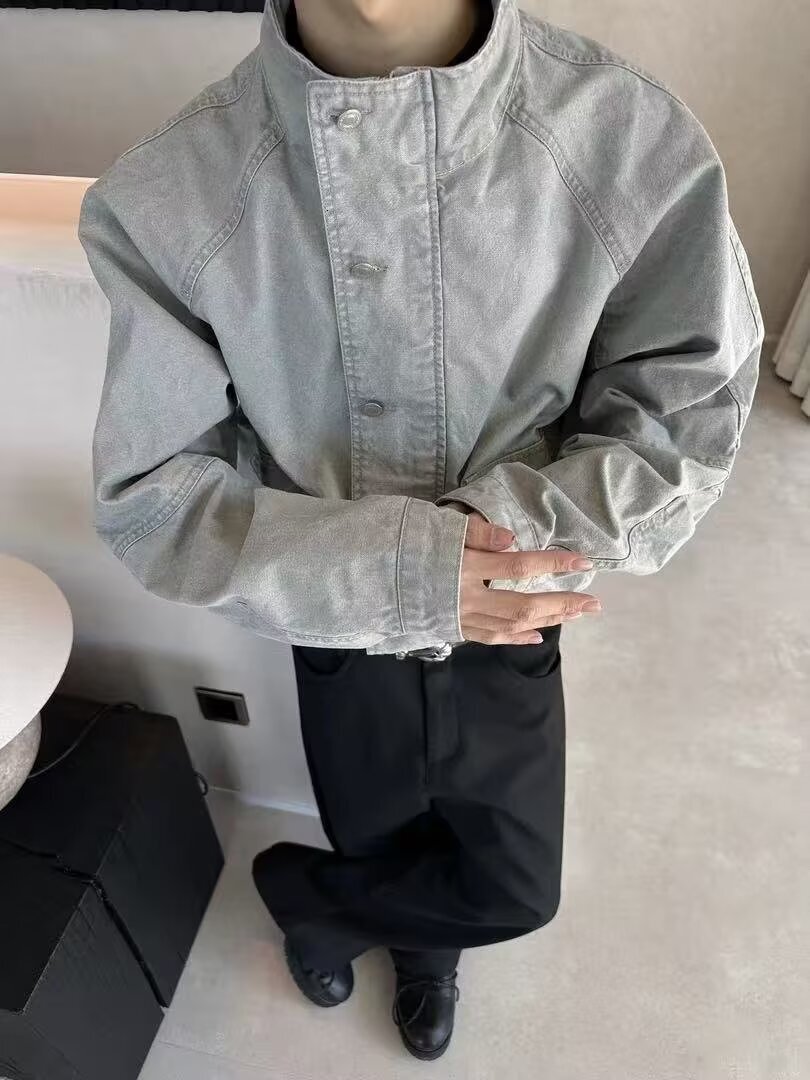 Vintage Distressed Denim Short Jacket For Men Autumn New Movie Style Loose Designer Coat Casual Stand Collar Jacket