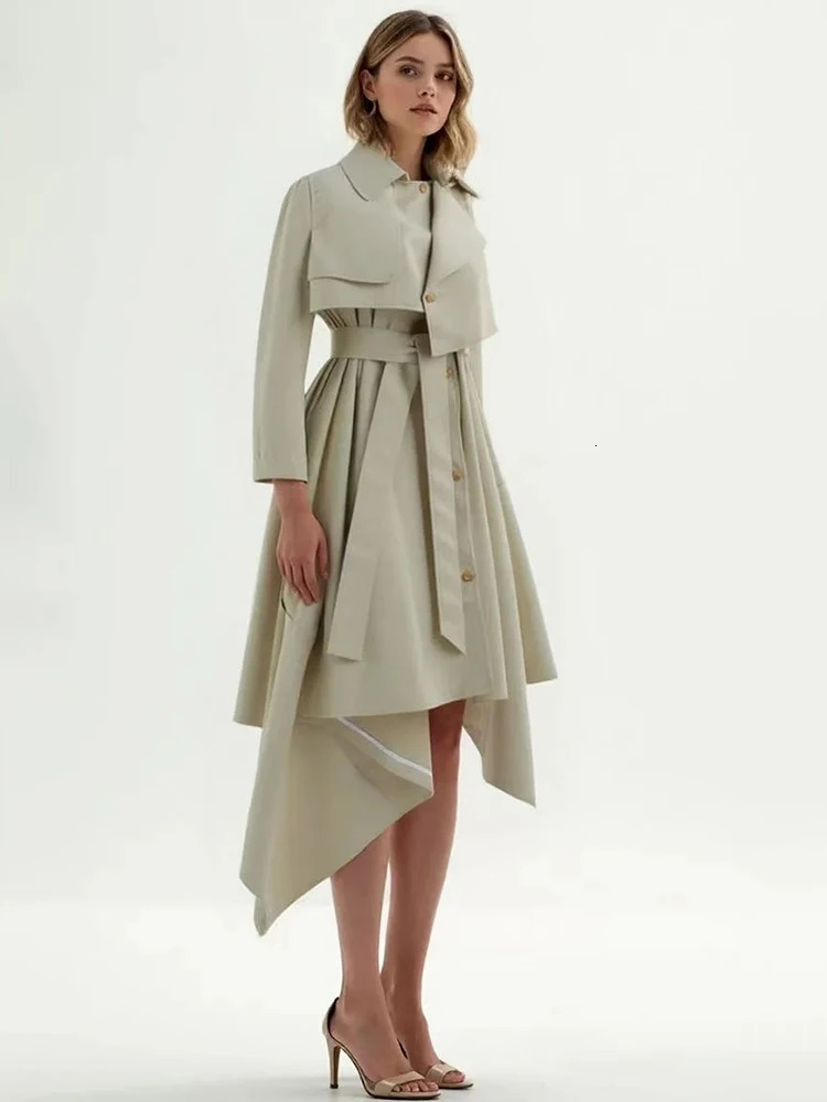 DEAT Fashion Khaki Deconstruction Trench Coat Womens Lapel Loose Single Breasted Sashes Irregular Windbreaker Autumn 251029