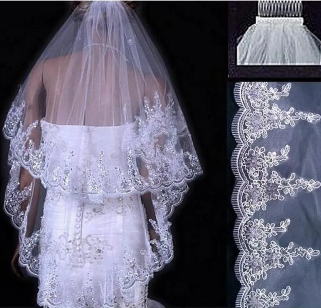 Velo Da Sposa Con Paillettes 2 Strati Bordo In Pizzo Con Velo Pettinato Veli Da Sposa Bianco Avorio Tulle Velos De Novia Accessori Per Capelli Da Sp-image