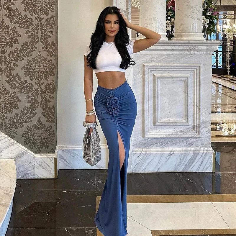 Summer Fashion Women Skirt Streetwear Solid Skirts Appliques Sexy Split Slim Elegant Female Party Straight High Waist Skirts 251028