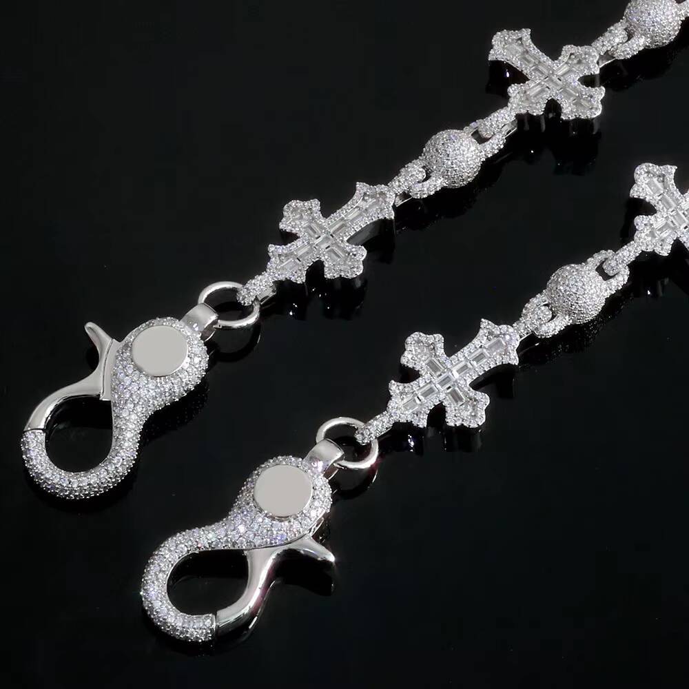 NUOYA Iced Out moissanite Pants Chain 18MM Silver Plated Cross Round Bead Design Bling Diamond Fine Jewelry Designer's style