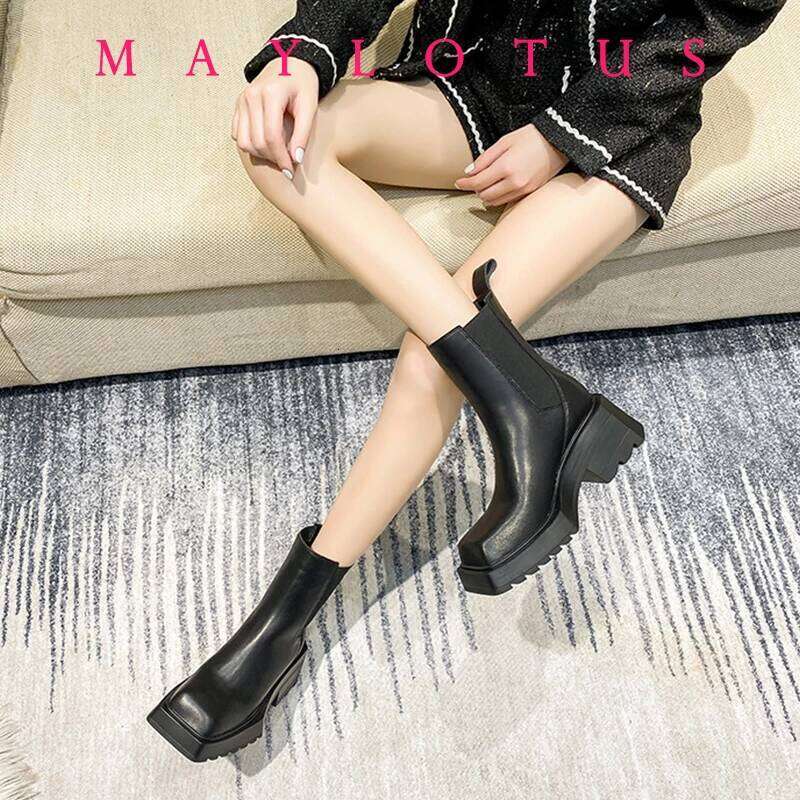 Women Cow Leather Square Toe Fashion Slip On Thick Sole Block Heel Ladies Flat Shoes Winter Ankle Boots