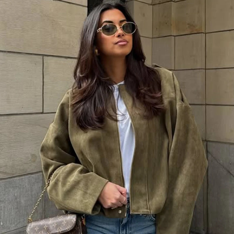 HXAO Suede Bomber Jacket Woman Green Khaki Outerwears Womens Spring Crop Oversize Long Sleeve Coats Fashion 251028
