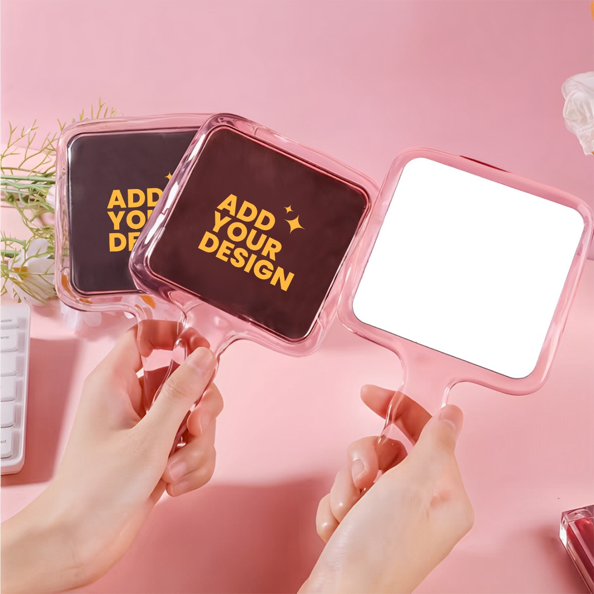 Pink Handheld Mirror, Cute Water Drop Shape Makeup Mirror with Ergonomic Handle, HD Glass for Precision Cosmetics & Touch-Ups