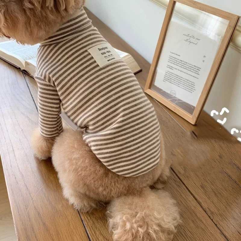 Coffee Strips Pet Dog Clothes for Chihuahua High Collar Autumn Warm Cat Sweatshirt Overalls Soft Velvet Cat Puppy Bottom T Shirt C251030