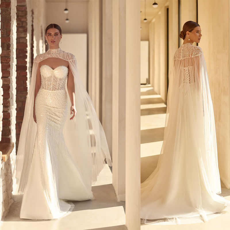 Glamorous Beadeds Lace Wedding Dresses Mermaid Long Bridal Gowns Sequins With Cape Customized Vestidos De Novia
