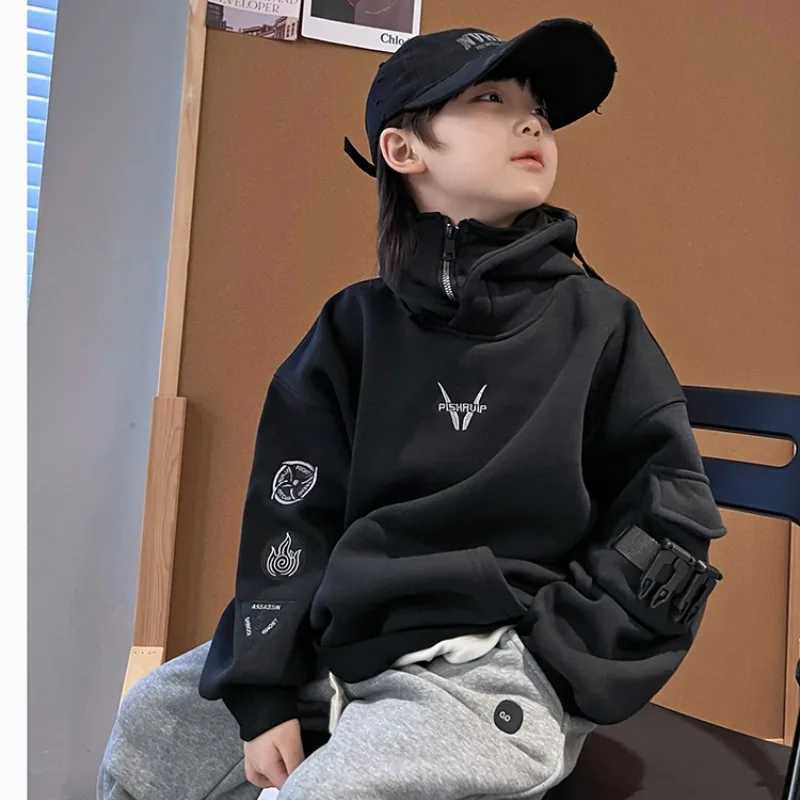 Stylish Boys Fleecelined Pullover Hoodie Mechanical Buckle Hooded Top Trendy Hiphop Dance Performance Outfit for Medium KidsT251030