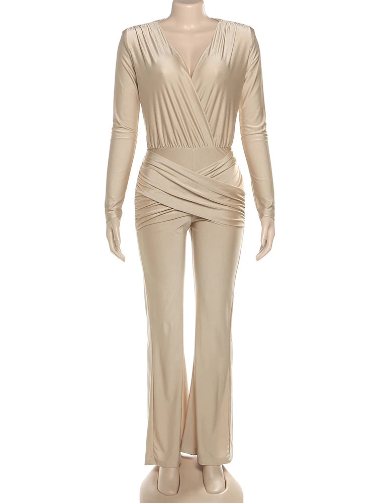 Nibber Smooth Jumpsuit Women Cross vNeck Long Sleeve Folds Skinny Solid Sexy Simple Hipster Elegant Street Classic Chic Outfit 251028