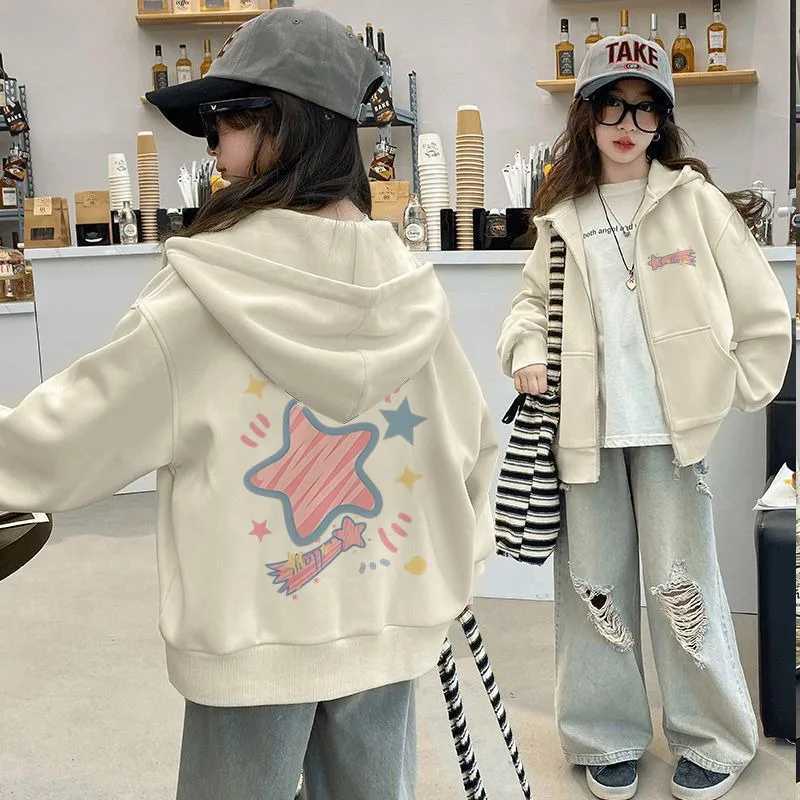 Girls American Streetwear Star Print FleeceLined ZipUp Hoodie AutumnWinter Stylish DesignT251030