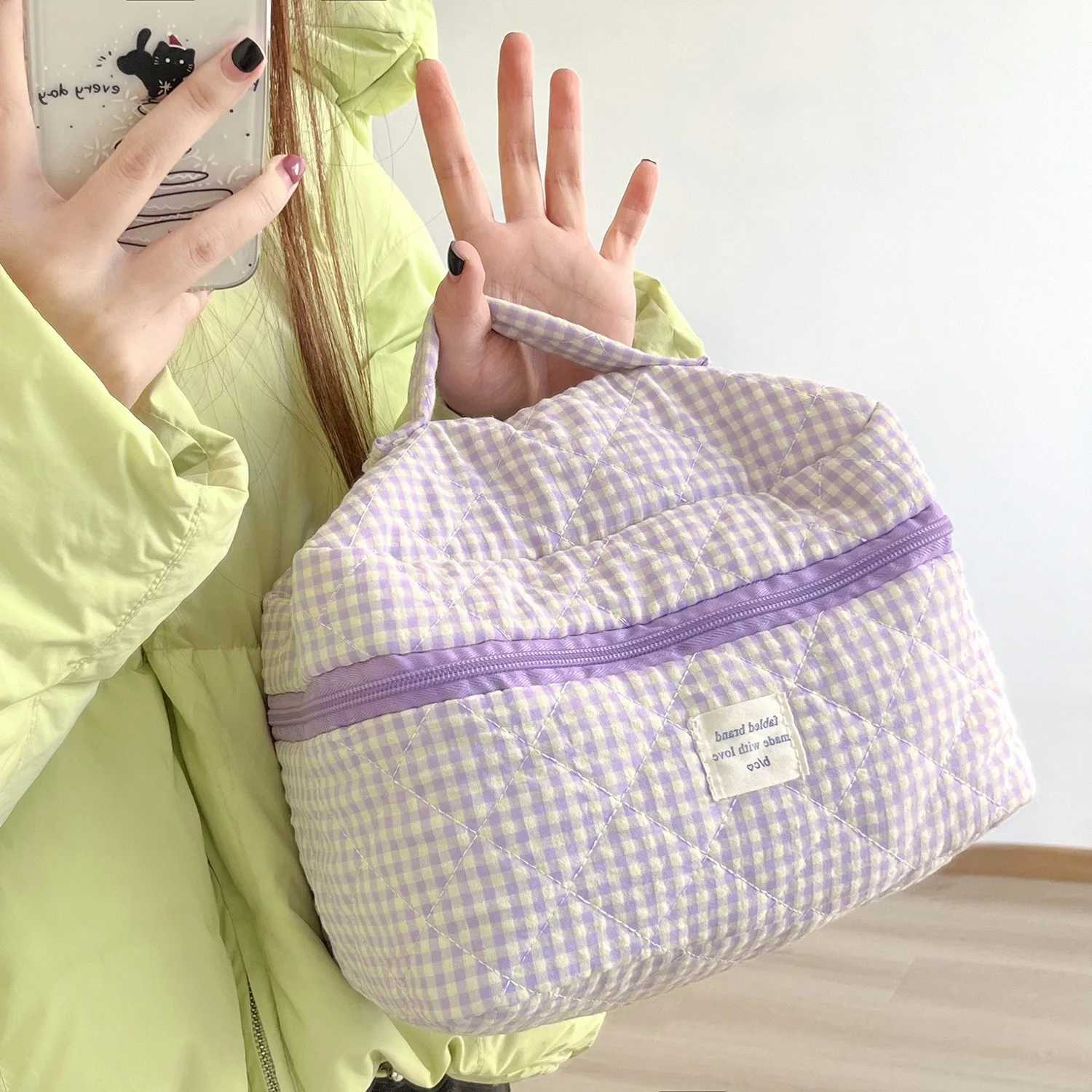 Women Large Capacity Cotton Makeup Bag Portable Travel Toiletry Bag Checkered Cosmetic Bag Girls Skincare Brushes Storage Bag J251115