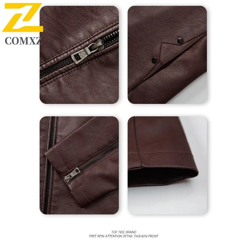 COMXZ Outdoor Sport Leather Jacket Youth Winter Waterproof Windproof Slim Men Coat Solid Color Motorcycle Stand Collar PU Top 251023