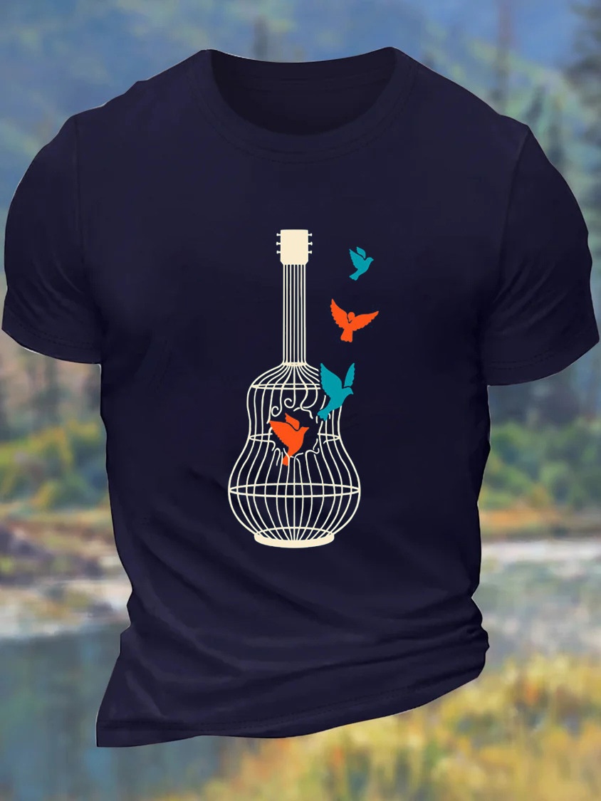 European & American Oversized Men's Guitar Birdcage Print Crew Neck Casual Cotton Letter T-Shirt - TT7453