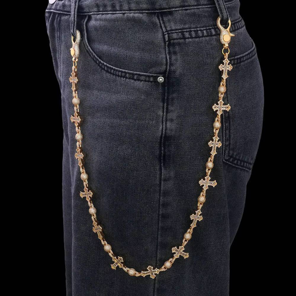 NUOYA Iced Out moissanite Pants Chain 18MM Silver Plated Cross Round Bead Design Bling Diamond Fine Jewelry Designer's style