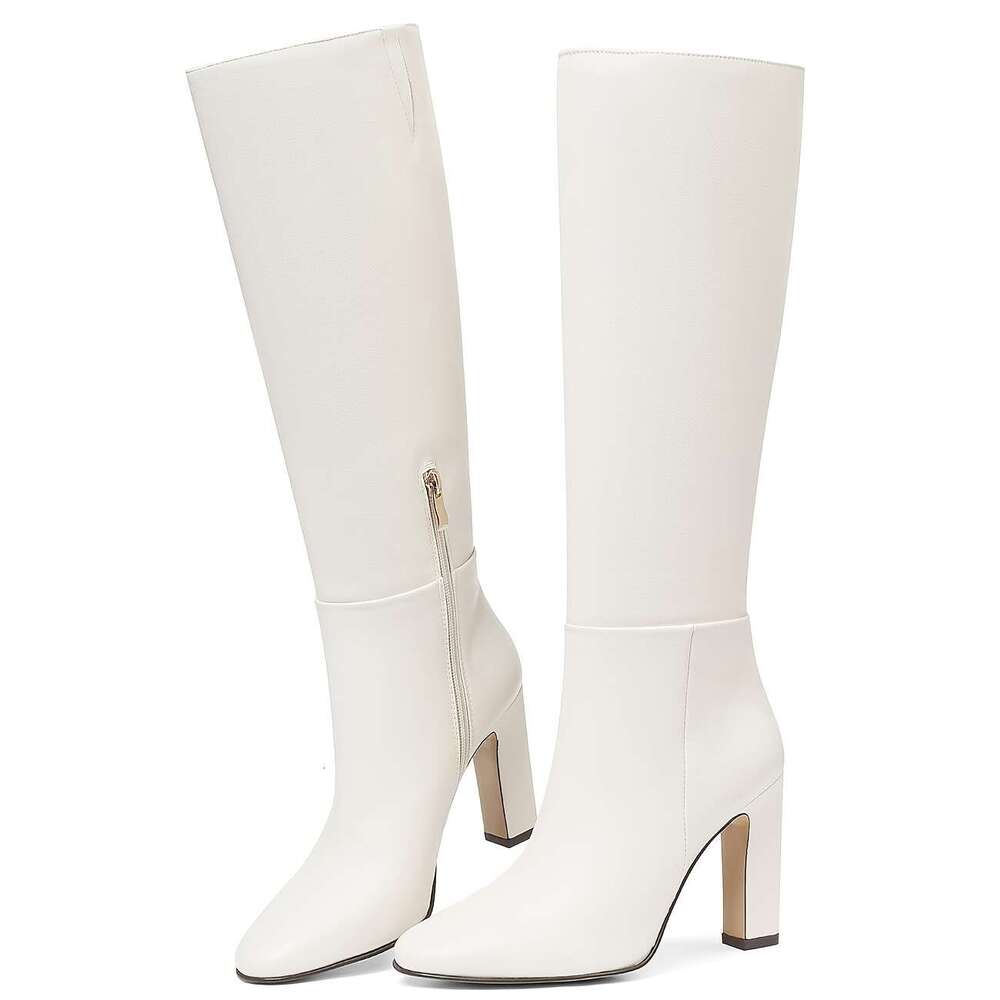 Norhea Women Mid-Calf Boots Chunky High Heel Side Zipper Round Toe Shoes PU Elegant Comfort Dress Party Booties