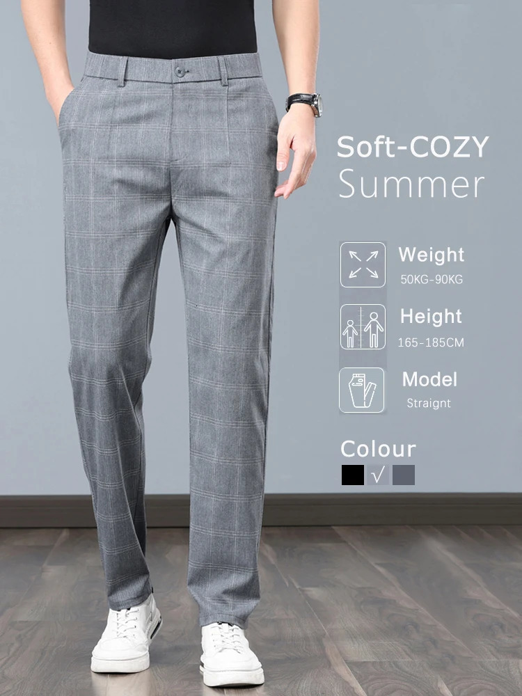 Summer Thin Plaid Formal Stretch Pants Men Slim Business Grey Black Casual Pant Fashion Male Clothing England Trousers 251028