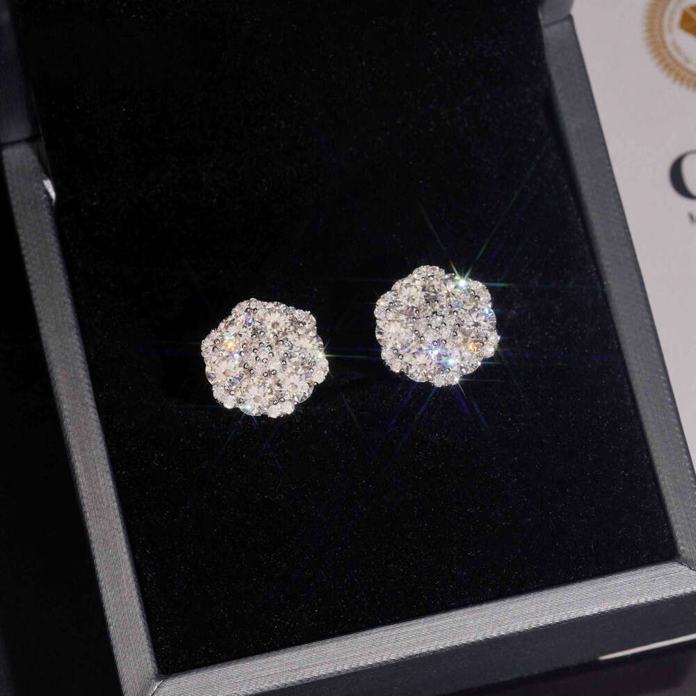 New hot sell by tester Hip hop Sier gold-plated VVS Dia diamond flower stud cluster Christmas gifts