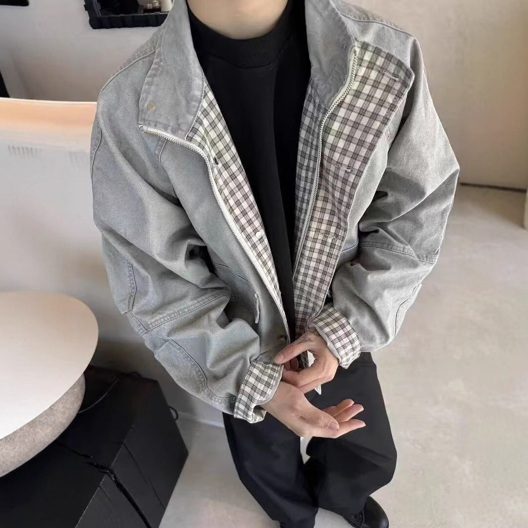 Vintage Distressed Denim Short Jacket For Men Autumn New Movie Style Loose Designer Coat Casual Stand Collar Jacket