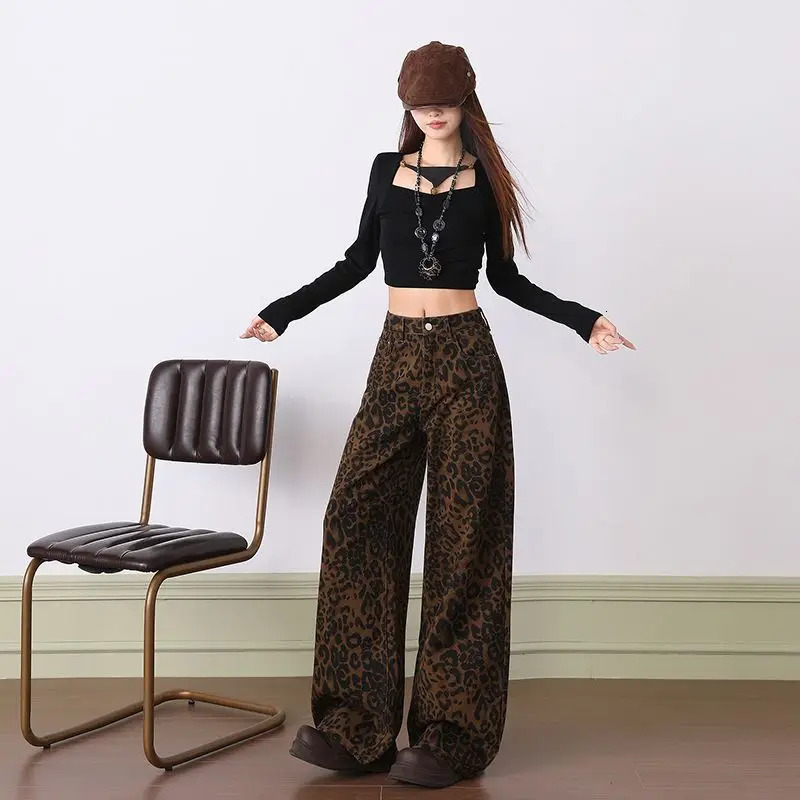 Y2k 2000s Clothes The Autumn Style American Leopard Print Highwaisted Wideleg Slimming Womens Jeans for Woman 251015