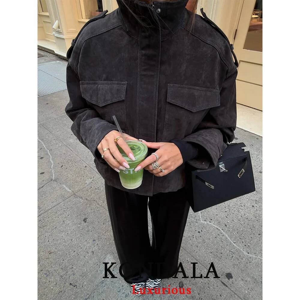 winter jacket women KONDALA Chic Suede Bomber Jacket Women Long Sleeve Pockets Straight Loose Coat Fashion 2025 Fall Winter Streetwear Outwear