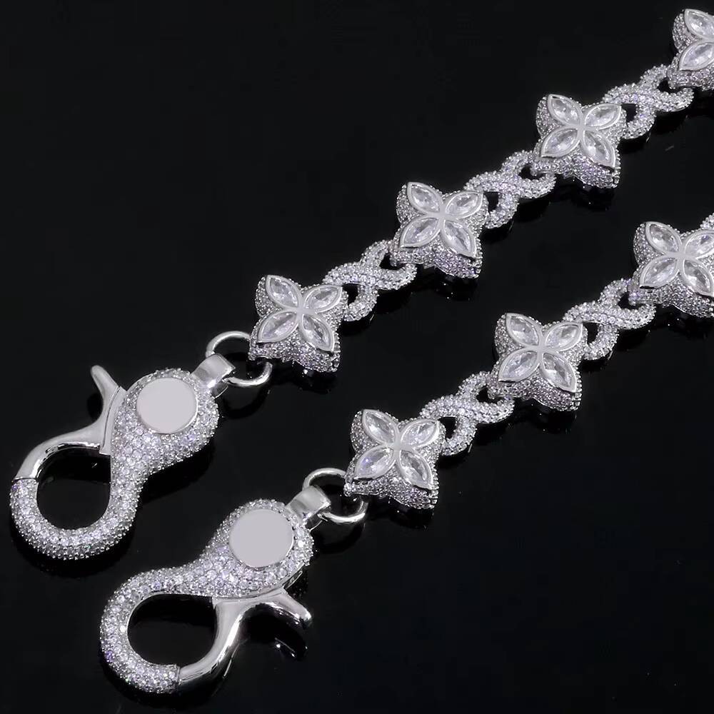 NUOYA Luxury Silver Plated Cuban Pants Chain Iced Out Flower Cross Four Leaf Clover Infinity Design Diamond Hip Hop Jewelry Designer's style
