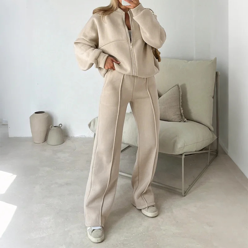 Womens Zipper Pocket Cardigan Sporty Style Long Sleeve Jacket Solid Color Long Trousers Set 251029
