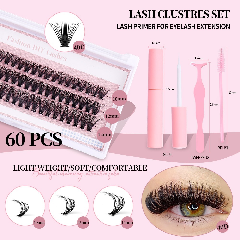 Thick Fluffy DIY Cluster Lashes Kit 60Pcs Individual Eyelashes Soft Lightweight Hand Made Reusable D Curled Grafted Lashes Accessory DIY Eyelash Exten