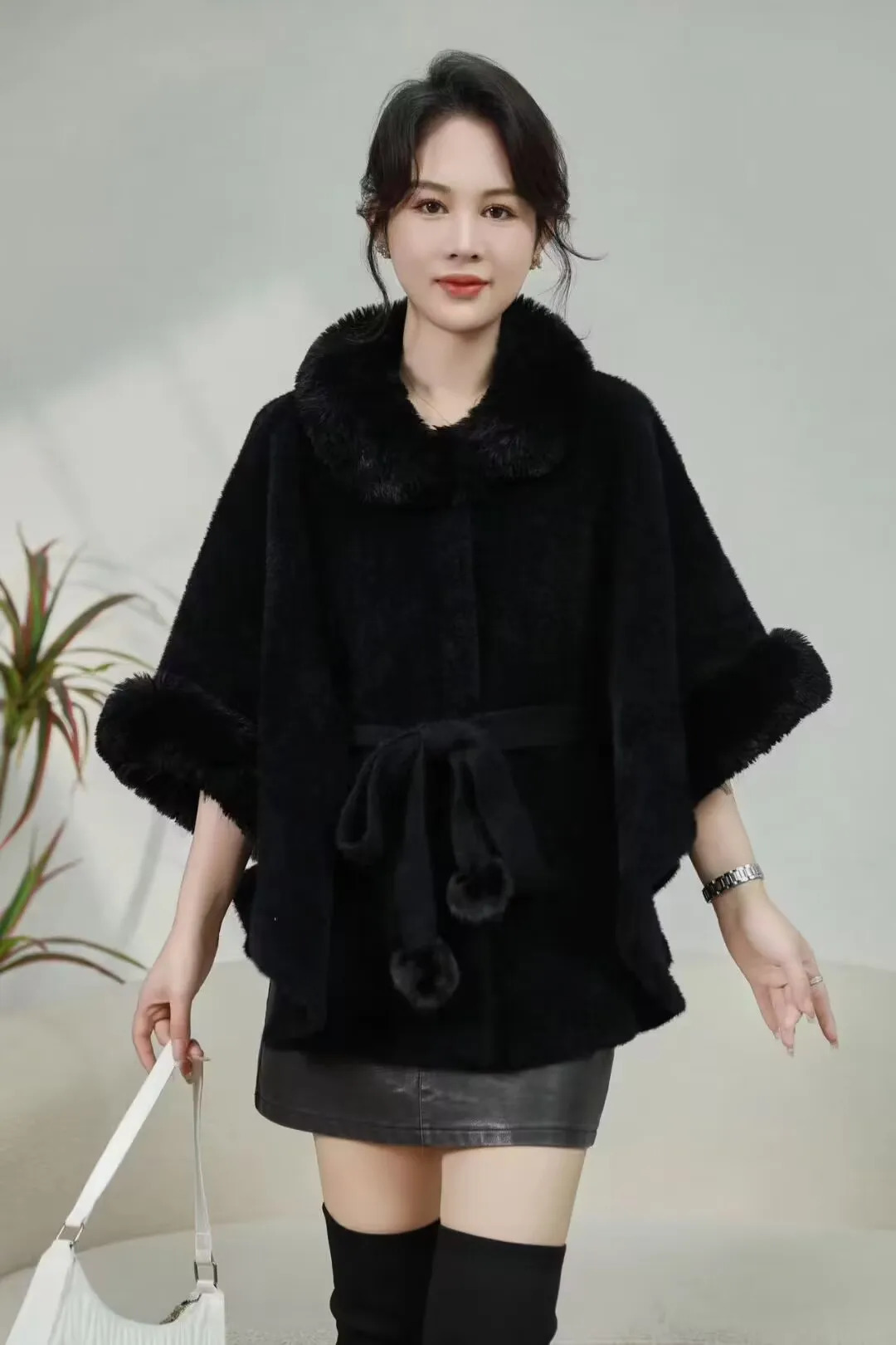 3 Colors Women Fur Cashmere Cardigan Button Loose Coat Winter Warm Woolen Poncho Cape Batwing Sleeves Overcoat With Ball Belt 251029