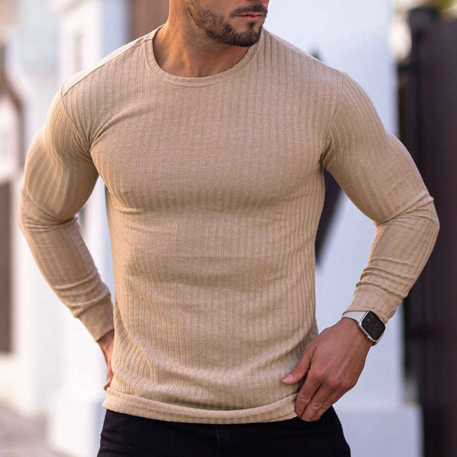 Men's Autumn Sports Fitness Casual Stand Collar Stretch Vertical Stripe Round Neck Long Sleeve T-Shirt