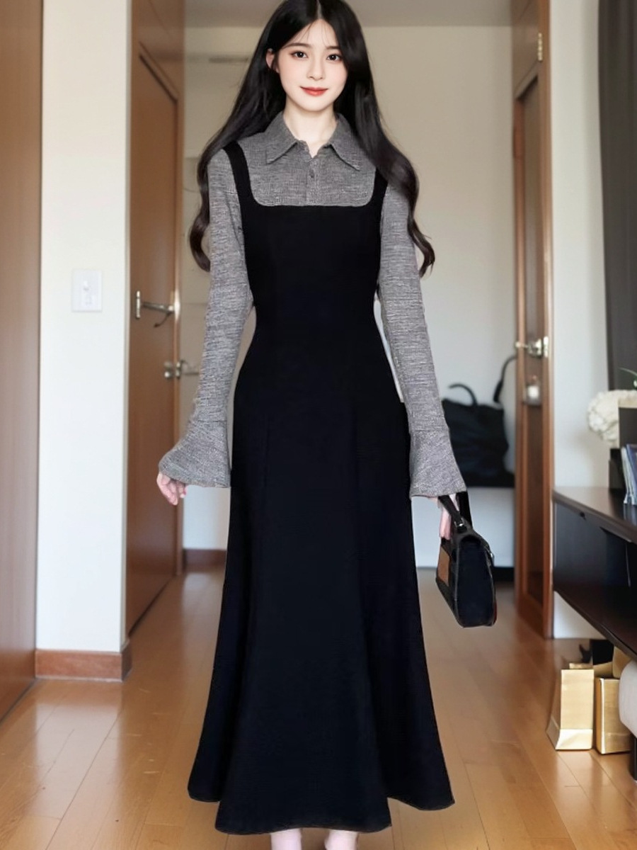 KD250 French Retro Faux Two-Piece Knit Patchwork Dress