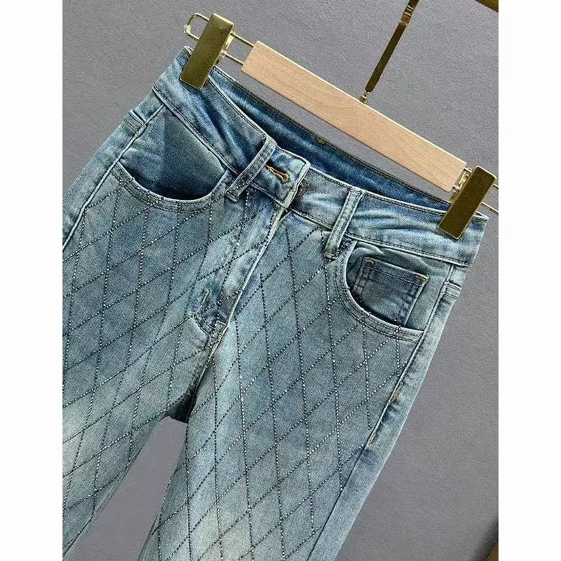 Diamond Denim Flared Pants Womens Fashion Jeans High Waist Stretch Slim Pants 251029