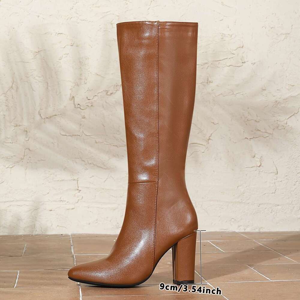 Women's Knee-High Boots, Casual Solid Color, High Heel Block, Pointed Toe, Platform, With Side Zipper, Durable Fashionable, For All-Season, Style