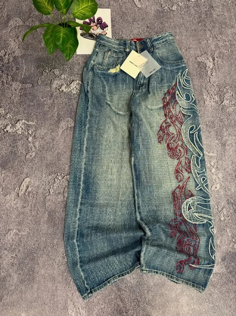 Y2K Fashion Pattern Embroidery Baggy Jeans Men and Women High Street Vintage Hip Hop Casual Couple High Quality Wideleg Pants 251029