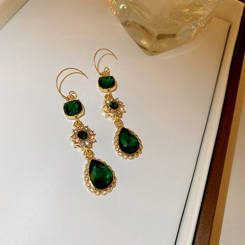 Korean Long Style Dia-Encrusted Emerald Ear Hook Water Drop Flower Zircon Elegant Light Earrings for Women