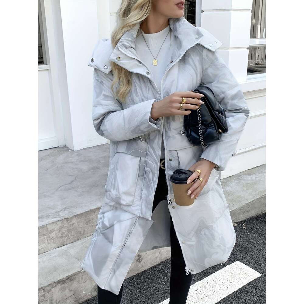 Women S Ink Print Hat Edge Fashionable Long Goose Vulley Jacket Hem Can Be Detached And Used For One Clothes