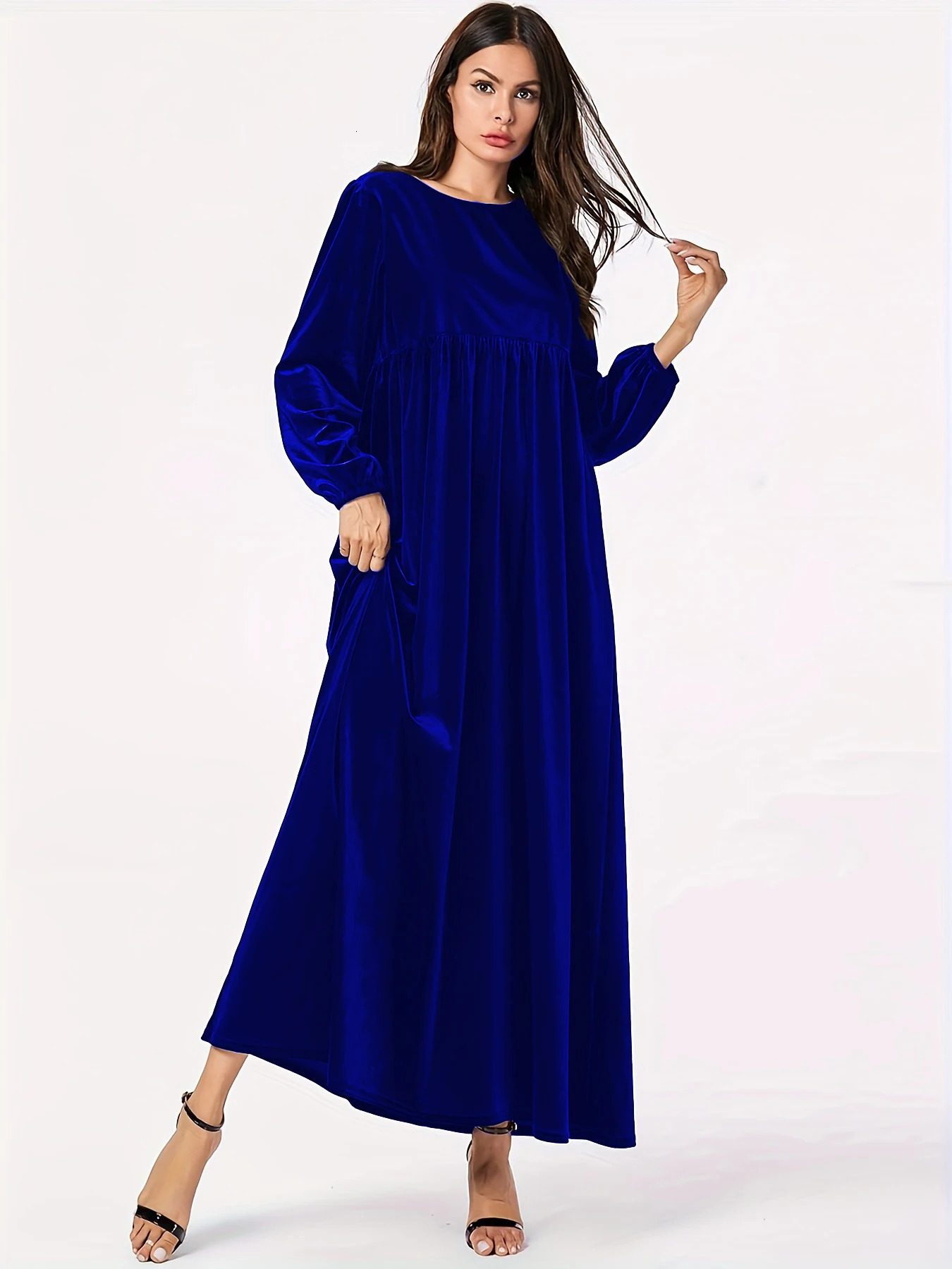 Womens autumn and winter dress velvet round neck casual solid color lantern long sleeves wide hem 251027