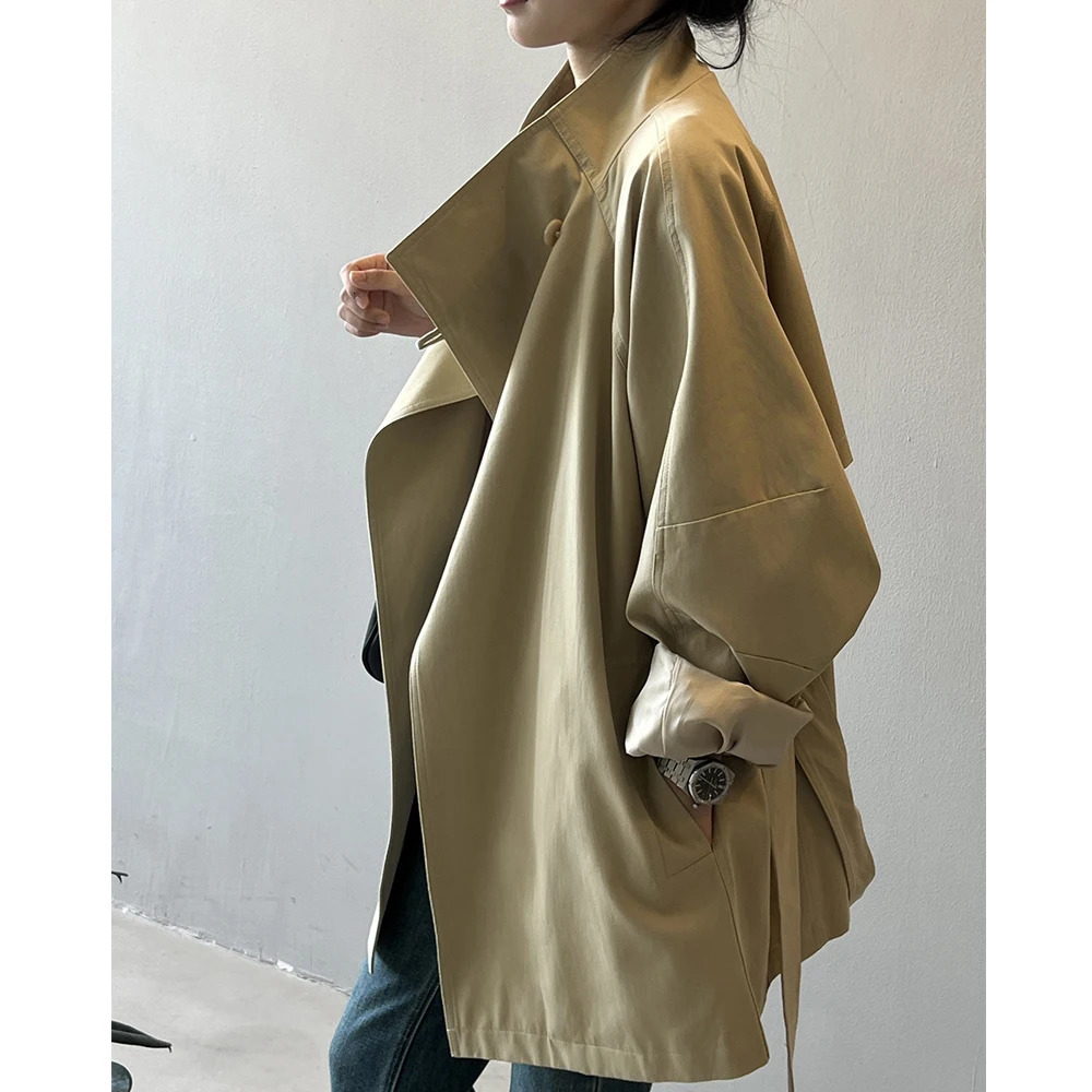 2025 Women Autumn Khaki Trench Coat Stand Collar Women Loose Style Coat With Belt Casaco Feminino Trench Femme 251029
