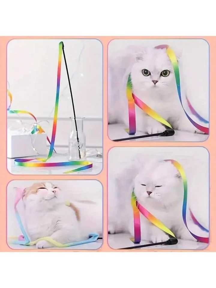 Interactive Cat Rainbow Wand Toys Interactive Cat Teaser Wand String Colorful Ribbon Charmer For Most Cats And Kittens S251029{category}