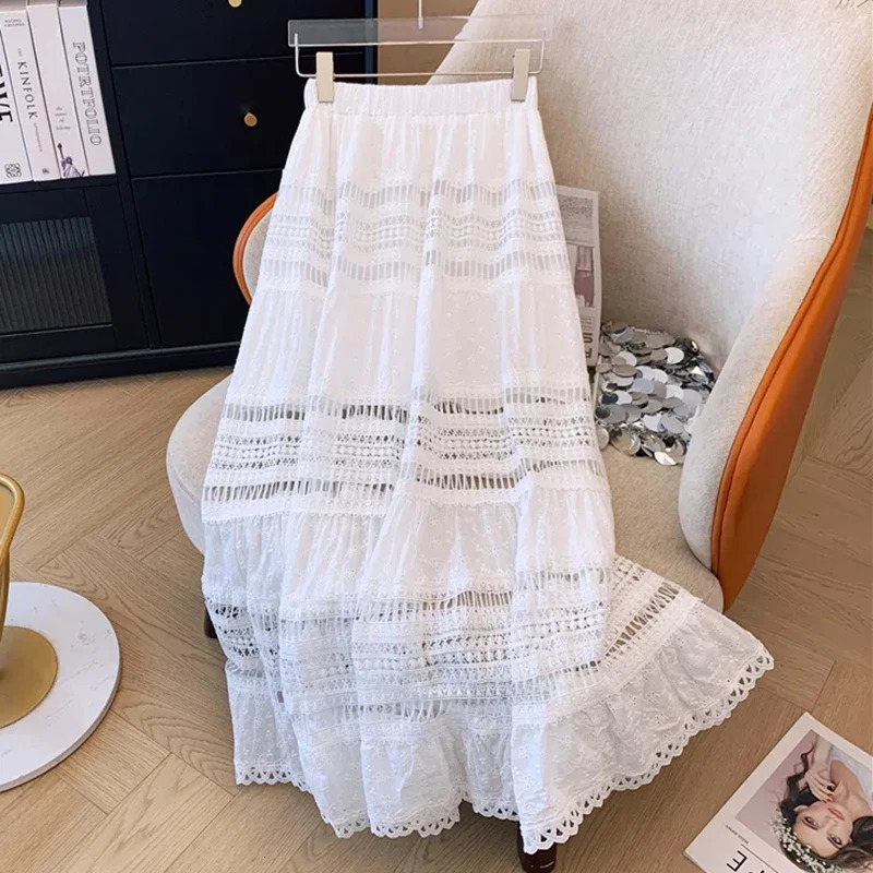 Embroidery Eyelet Cutout Maxi Skirt White Cotton Semi Sheer Flowy Long Skirt Women Boho Summer Vacation Fairycore Outfit 251028