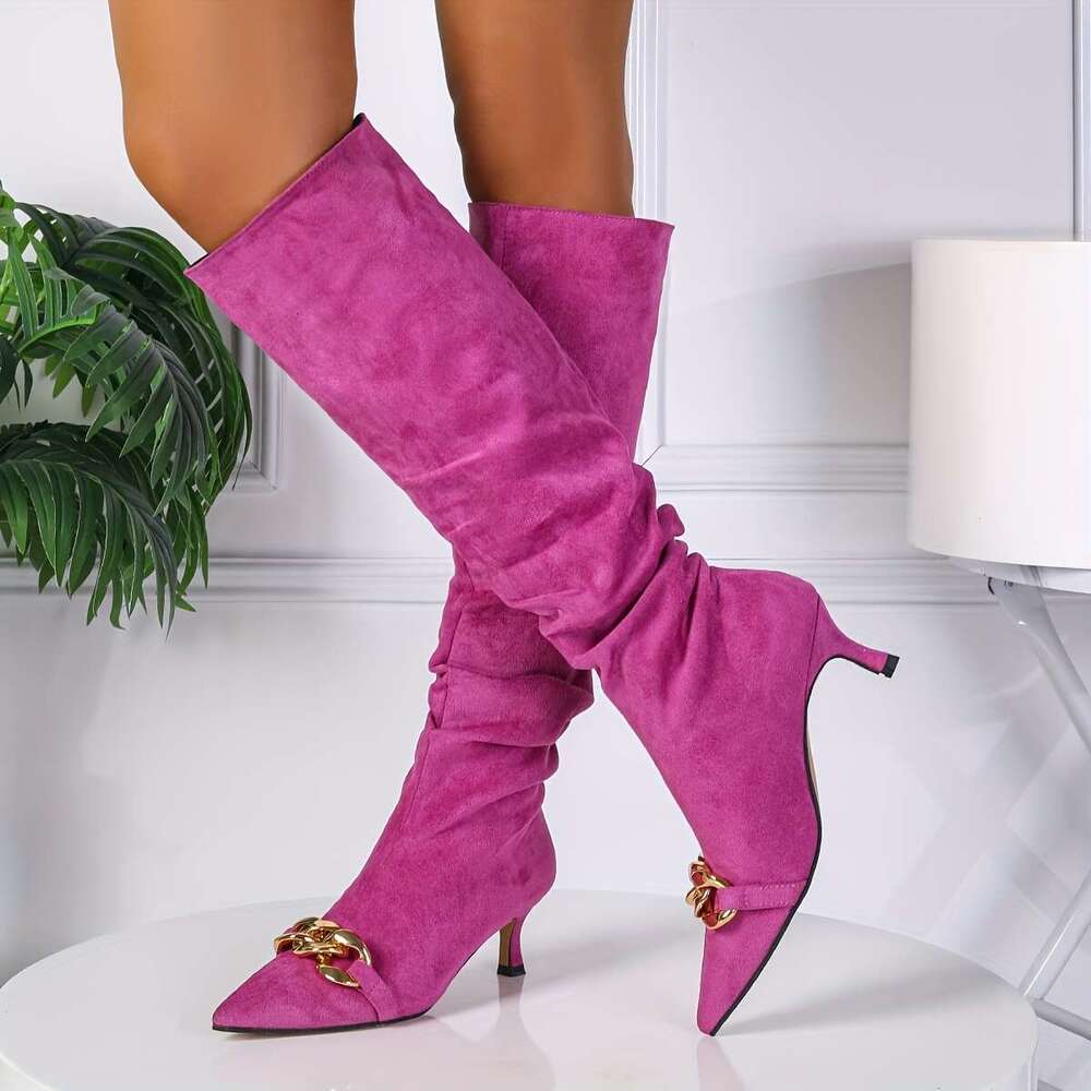 Women's Pink Pointed-Toe Stiletto Heel Knee-High Boots With Metal Chain Detail - Slip-On PU Cover Dress Shoes For Parties, Banquets & Casual Wear