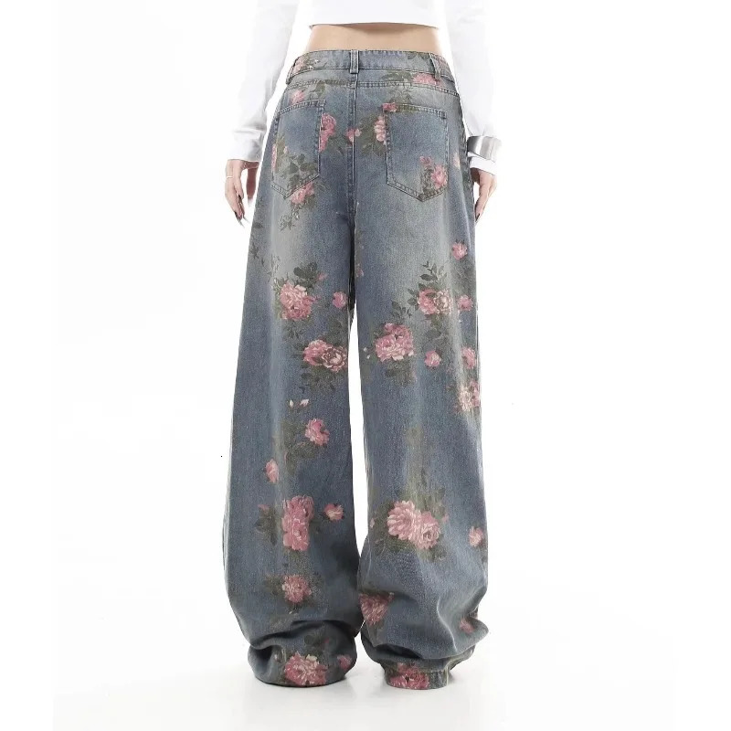 Womens Blue Flower Baggy Jeans Y2K Japanese Harajuku High Street Aesthetic High Waist Wide Leg Retro Jeans Pants Clothing 2025 251029